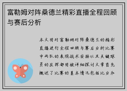 富勒姆对阵桑德兰精彩直播全程回顾与赛后分析